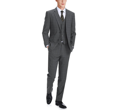 3 Piece Gray Windowpane Suit - Classic Fit