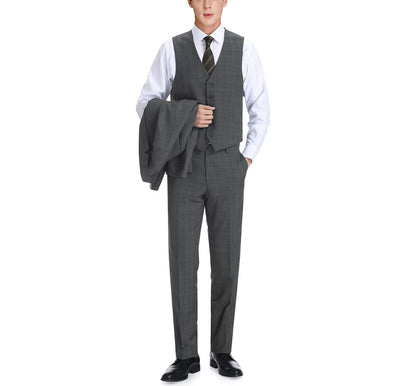 3 Piece Gray Windowpane Suit - Classic Fit