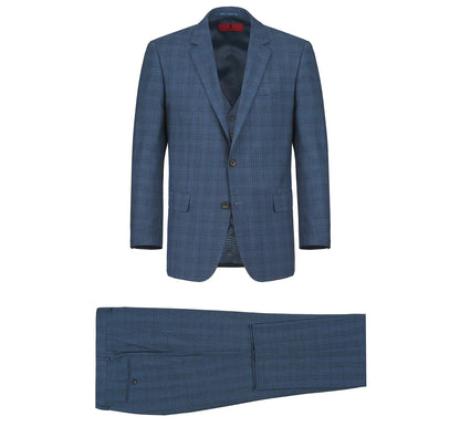 3 Piece Blue Windowpane Suit - Classic Fit