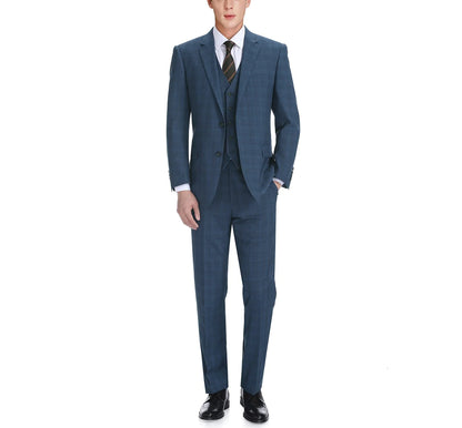 3 Piece Blue Windowpane Suit - Classic Fit